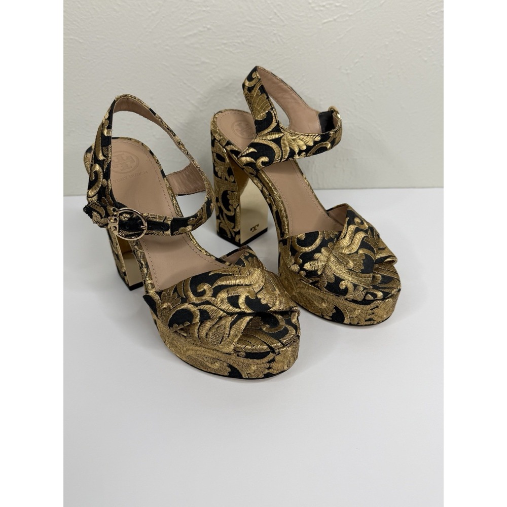 Tory Burch Loretta 115mm Platform Embroidered Black Gold  7 Brocade Fabric - Picture 6 of 12